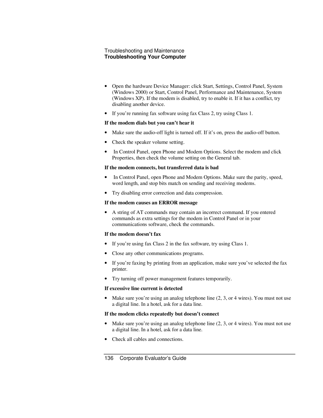 HP Book vt6200 manual If the modem dials but you can’t hear it, If the modem connects, but transferred data is bad 