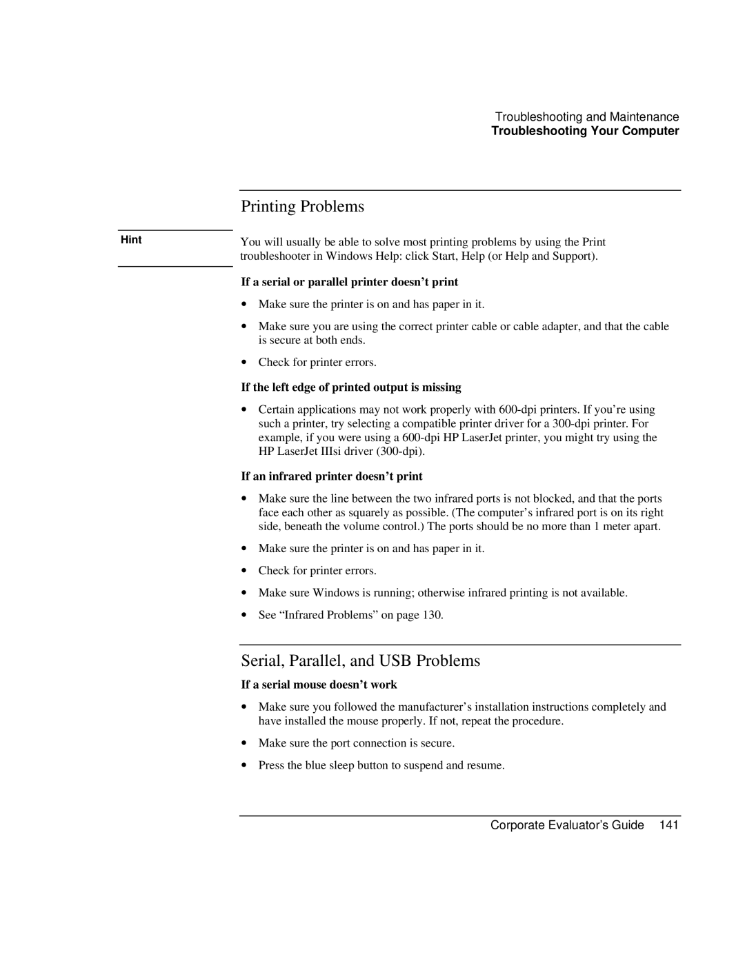 HP Book vt6200 manual Printing Problems, Serial, Parallel, and USB Problems 