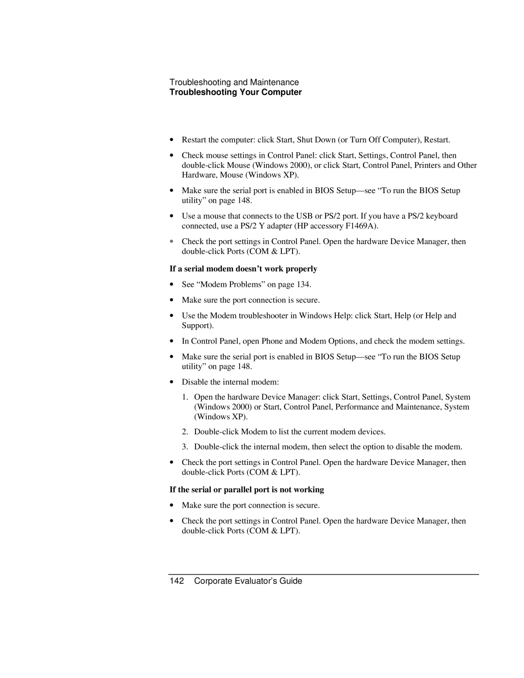 HP Book vt6200 manual If a serial modem doesn’t work properly, If the serial or parallel port is not working 