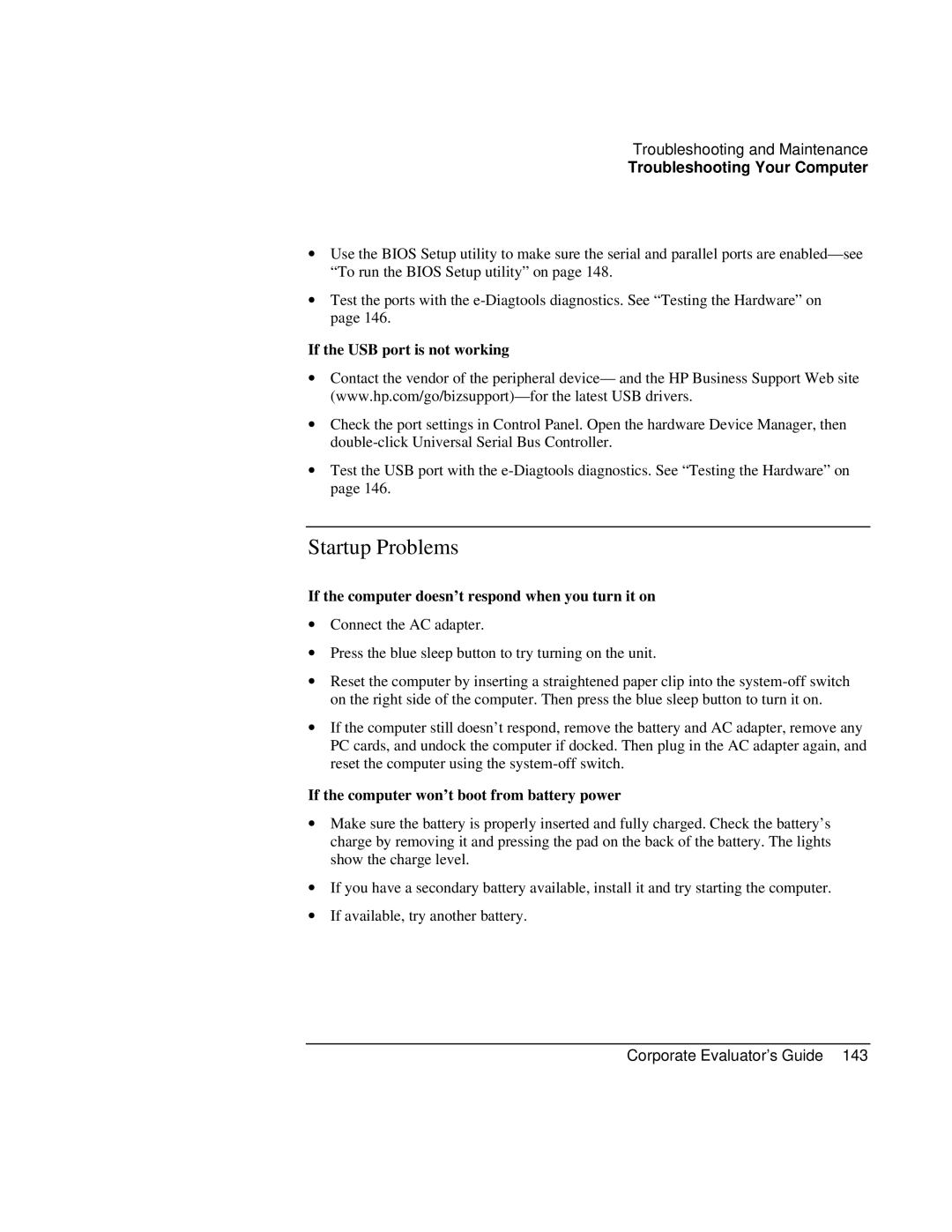 HP Book vt6200 manual Startup Problems, If the USB port is not working, If the computer doesn’t respond when you turn it on 