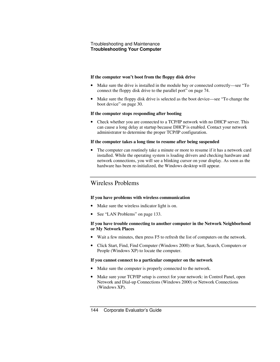 HP Book vt6200 manual Wireless Problems, If the computer won’t boot from the floppy disk drive 