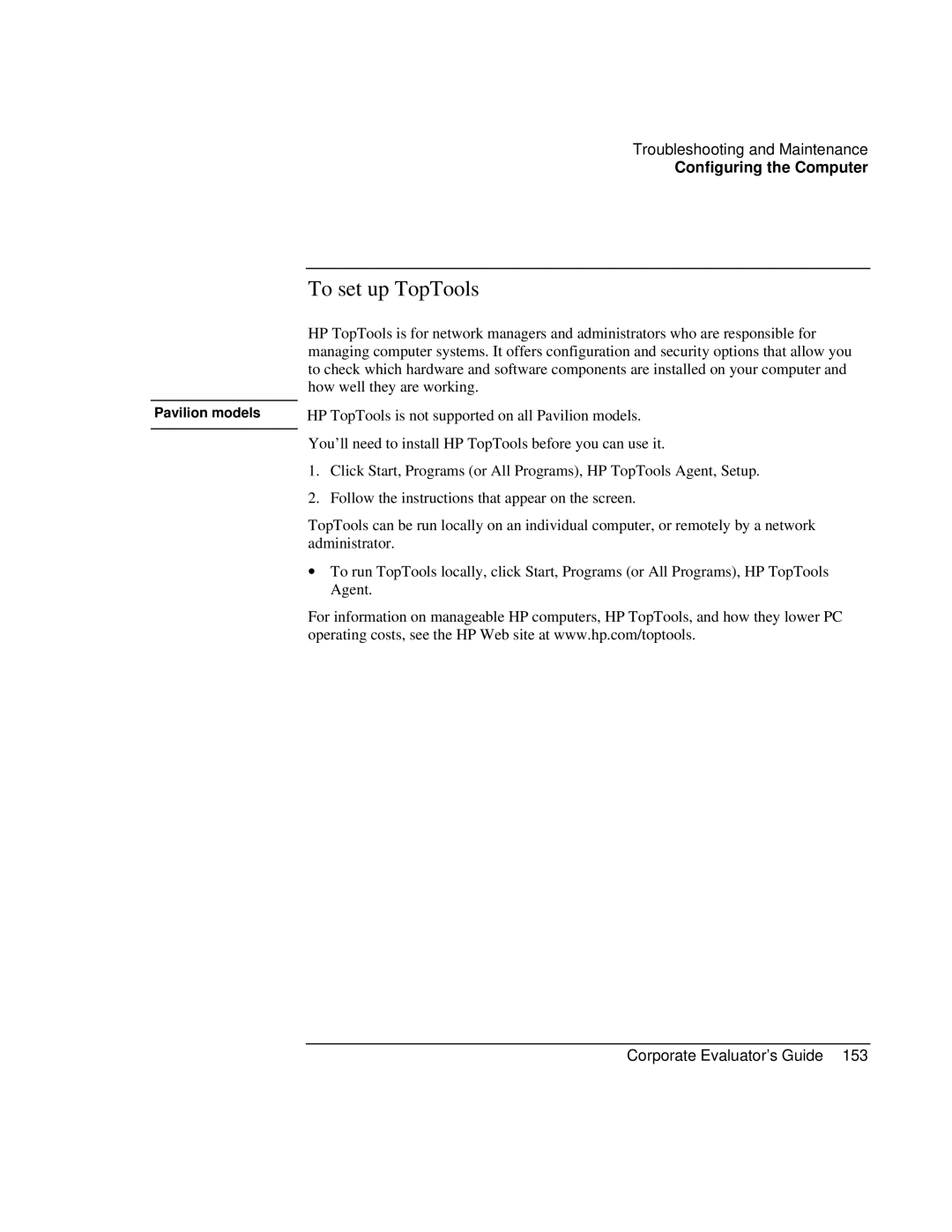 HP Book vt6200 manual To set up TopTools, Pavilion models 