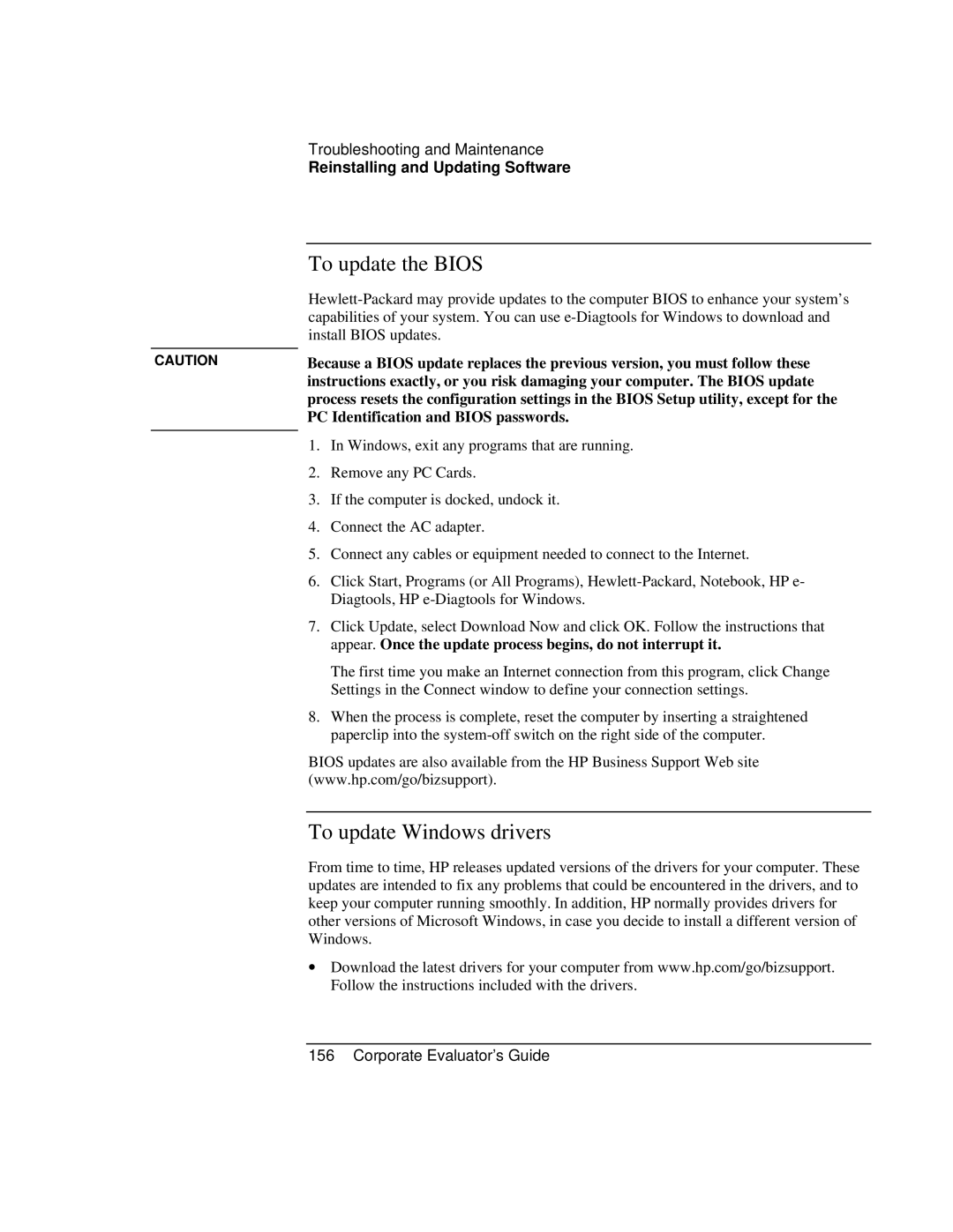 HP Book vt6200 manual To update the Bios, To update Windows drivers, PC Identification and Bios passwords 