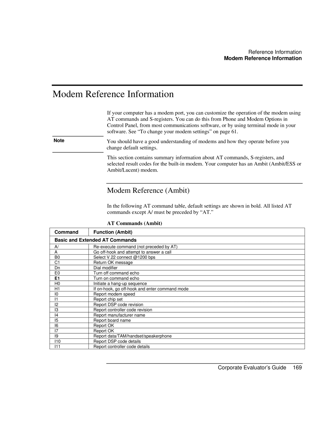 HP Book vt6200 manual Modem Reference Information, Modem Reference Ambit, AT Commands Ambit 