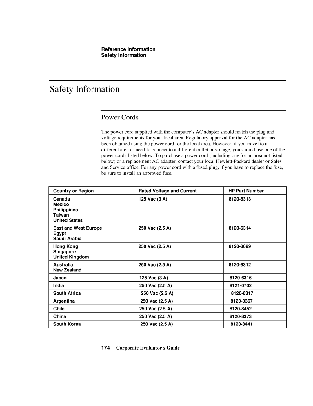 HP Book vt6200 manual Safety Information, Power Cords, Country or Region, Rated Voltage and Current, HP Part Number 