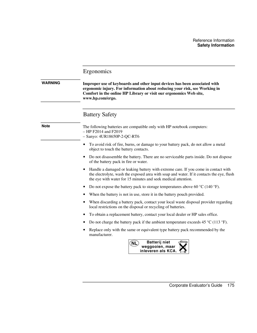 HP Book vt6200 manual Ergonomics Battery Safety 