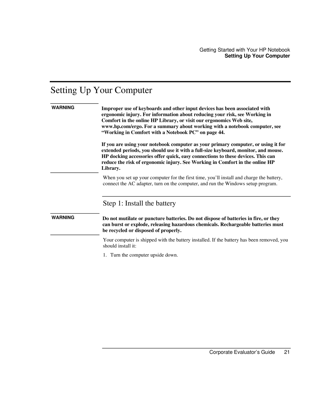 HP Book vt6200 manual Setting Up Your Computer, Install the battery 