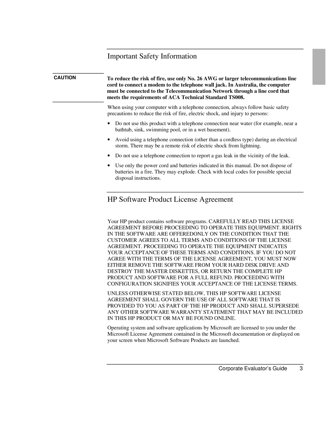 HP Book vt6200 manual Important Safety Information, HP Software Product License Agreement 