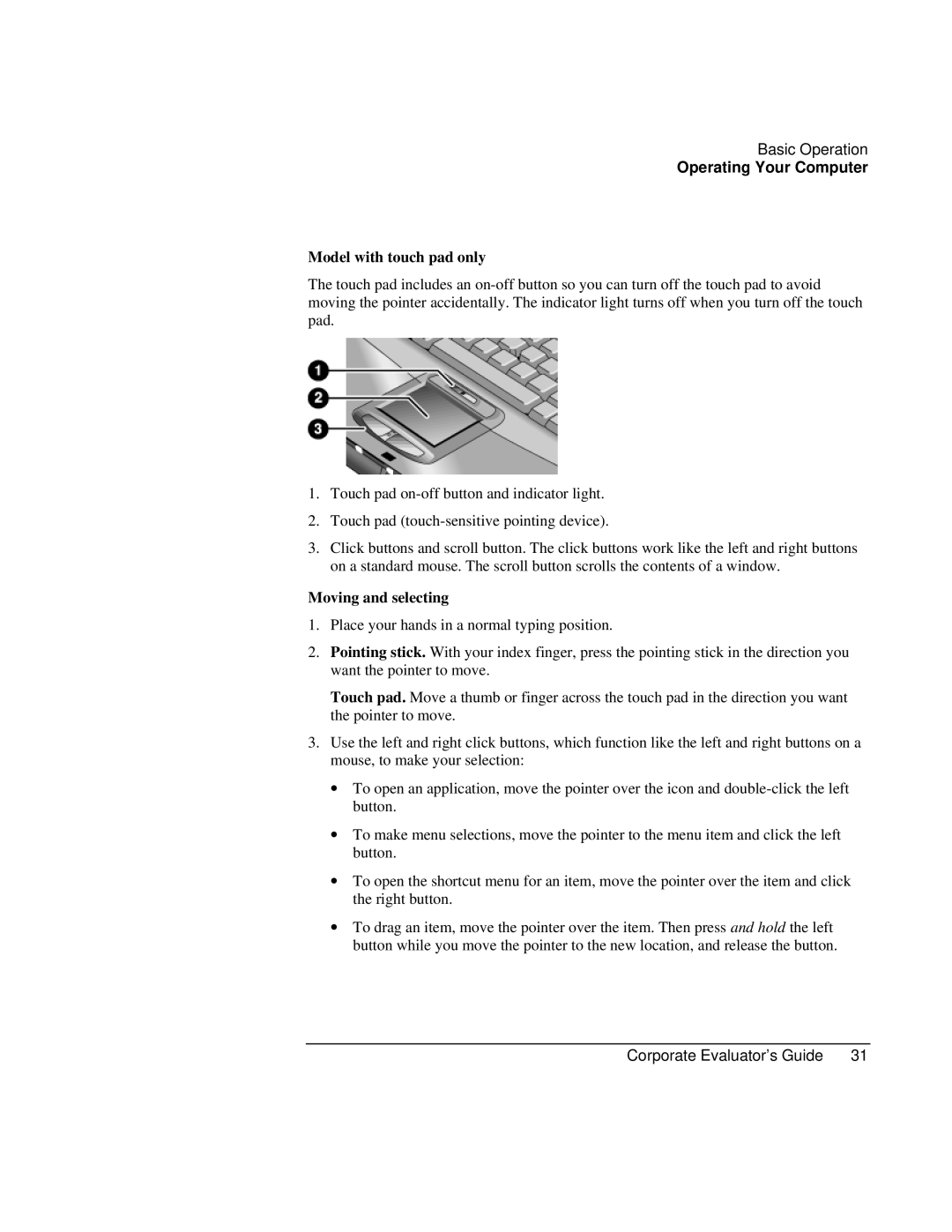 HP Book vt6200 manual Model with touch pad only, Moving and selecting 