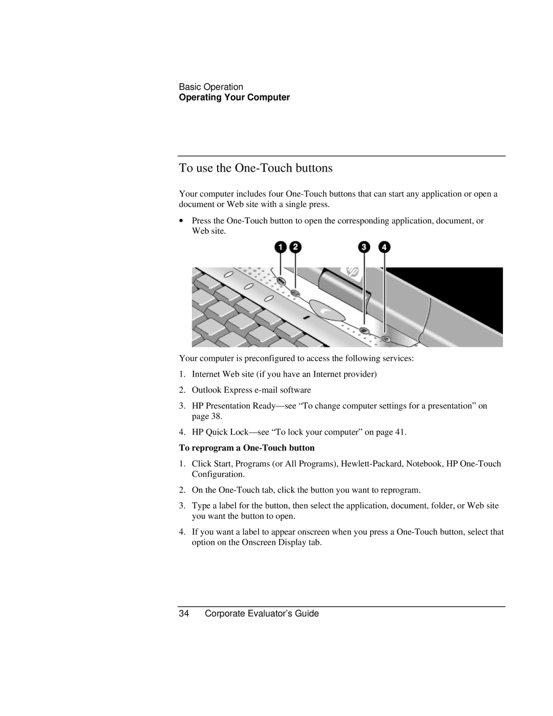 HP Book vt6200 manual To use the One-Touch buttons, To reprogram a One-Touch button 