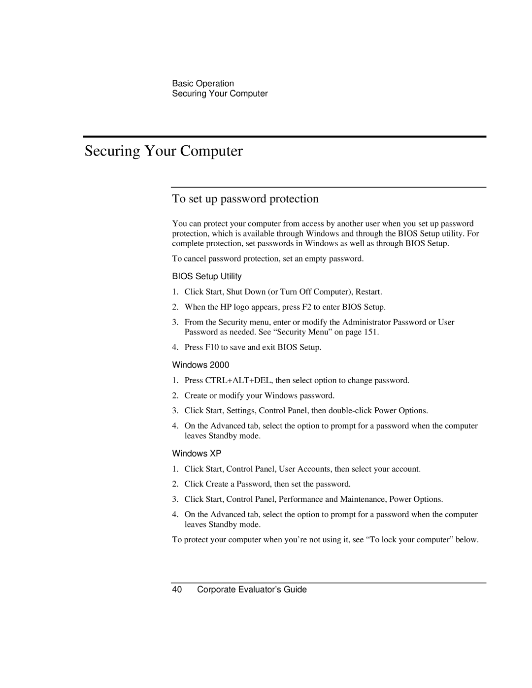 HP Book vt6200 manual Securing Your Computer, To set up password protection, Bios Setup Utility, Windows XP 