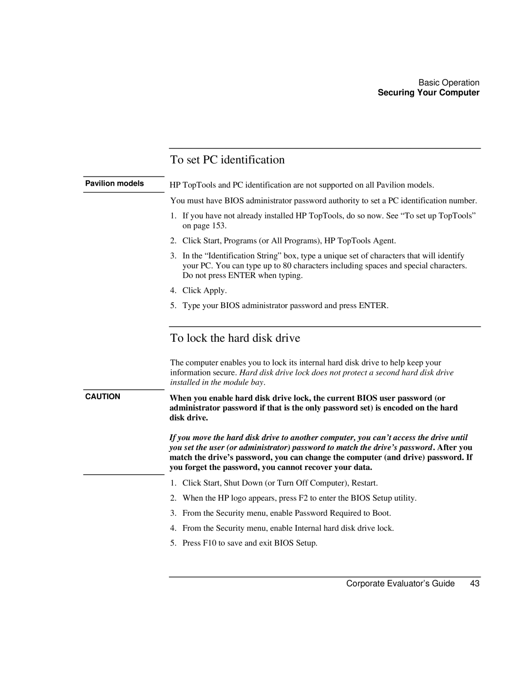 HP Book vt6200 manual To set PC identification, To lock the hard disk drive, Disk drive, Pavilion models 