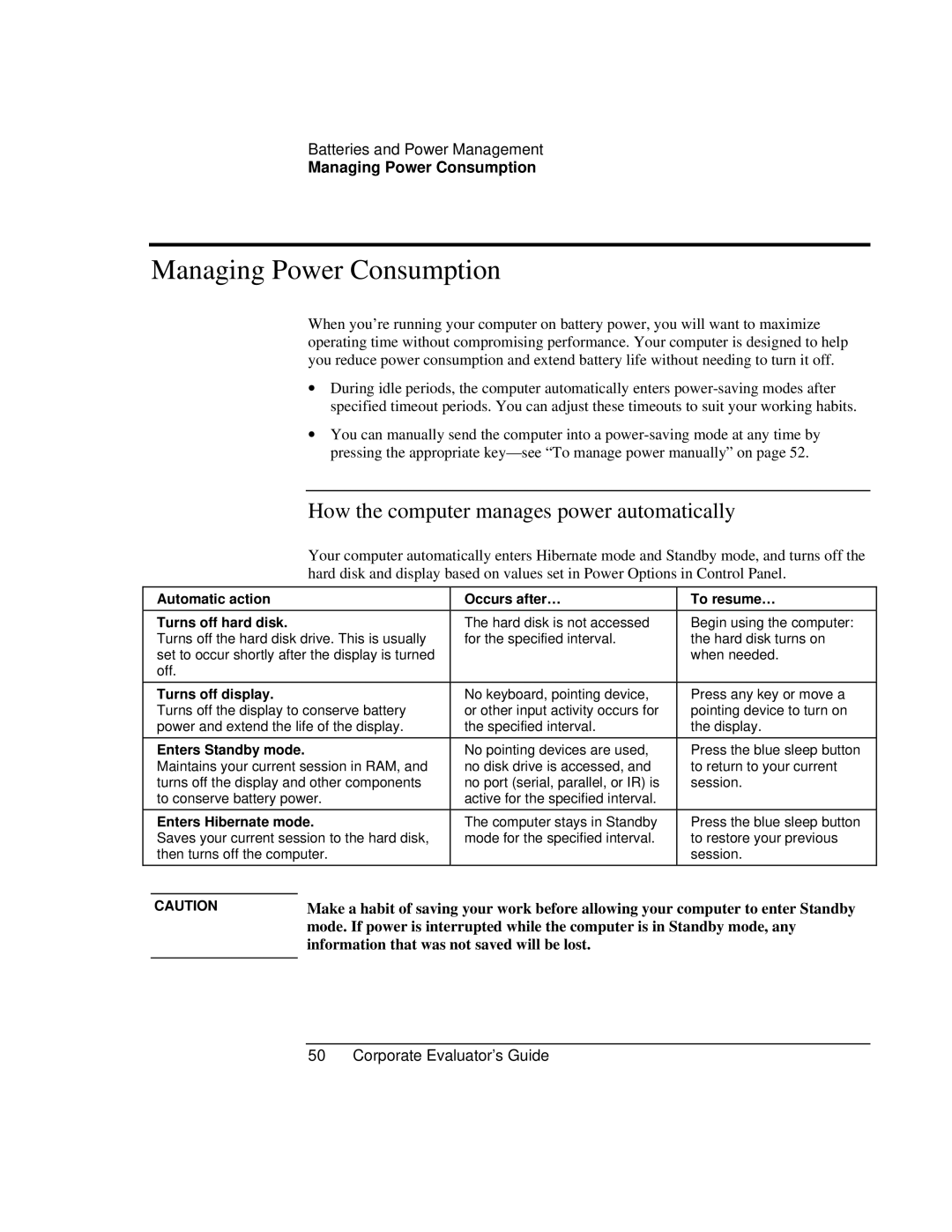 HP Book vt6200 manual Managing Power Consumption, How the computer manages power automatically 