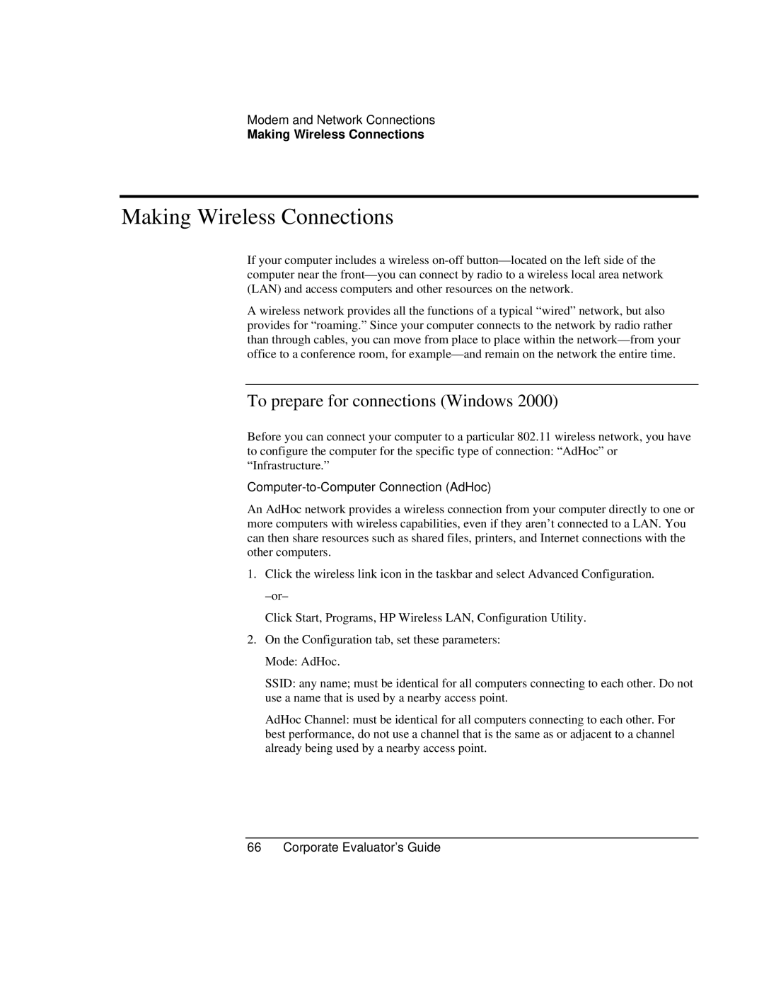 HP Book vt6200 Making Wireless Connections, To prepare for connections Windows, Computer-to-Computer Connection AdHoc 