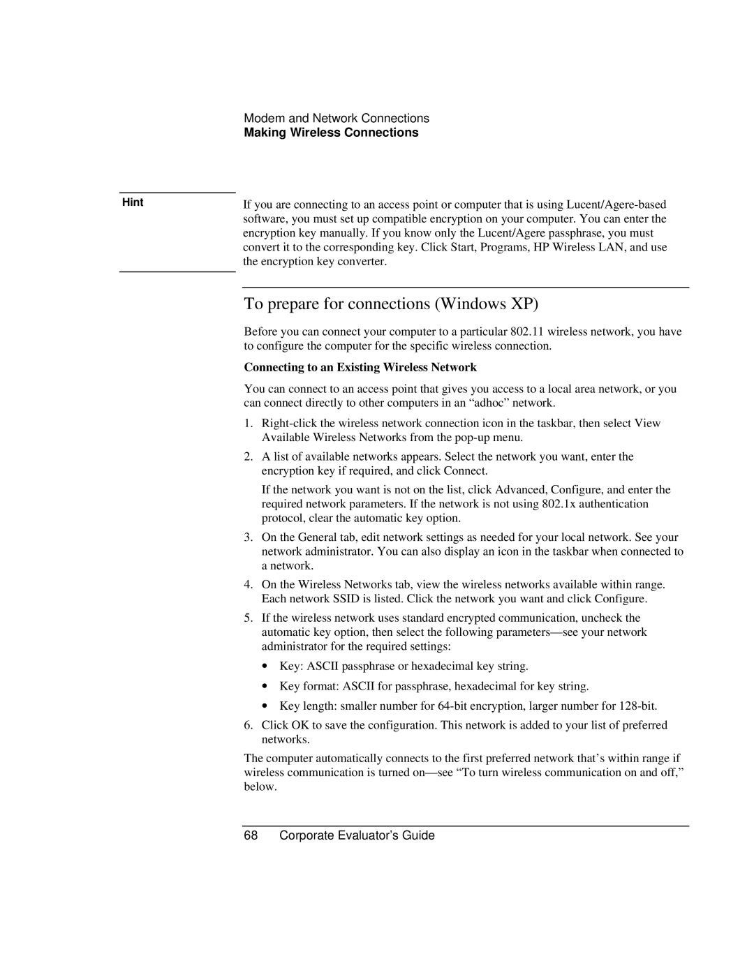 HP Book vt6200 manual To prepare for connections Windows XP, Connecting to an Existing Wireless Network 