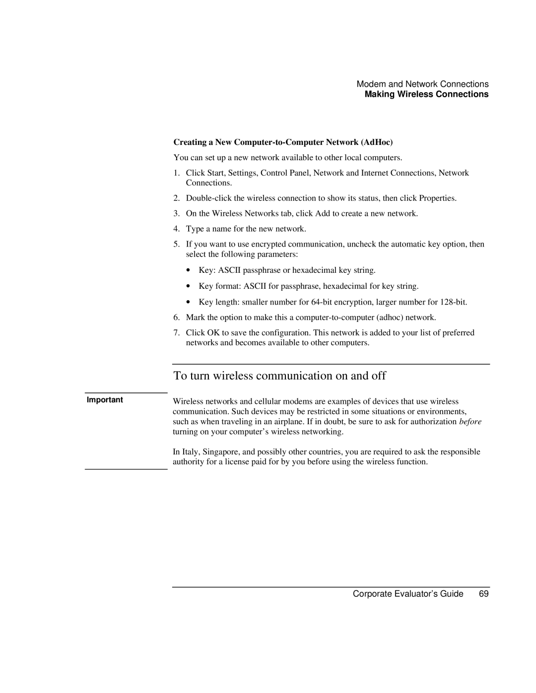 HP Book vt6200 manual To turn wireless communication on and off, Creating a New Computer-to-Computer Network AdHoc 