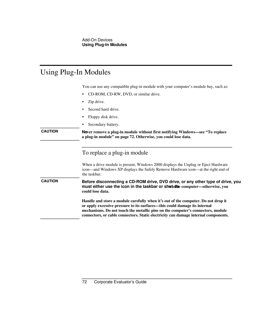 HP Book vt6200 manual Using Plug-In Modules, To replace a plug-in module 