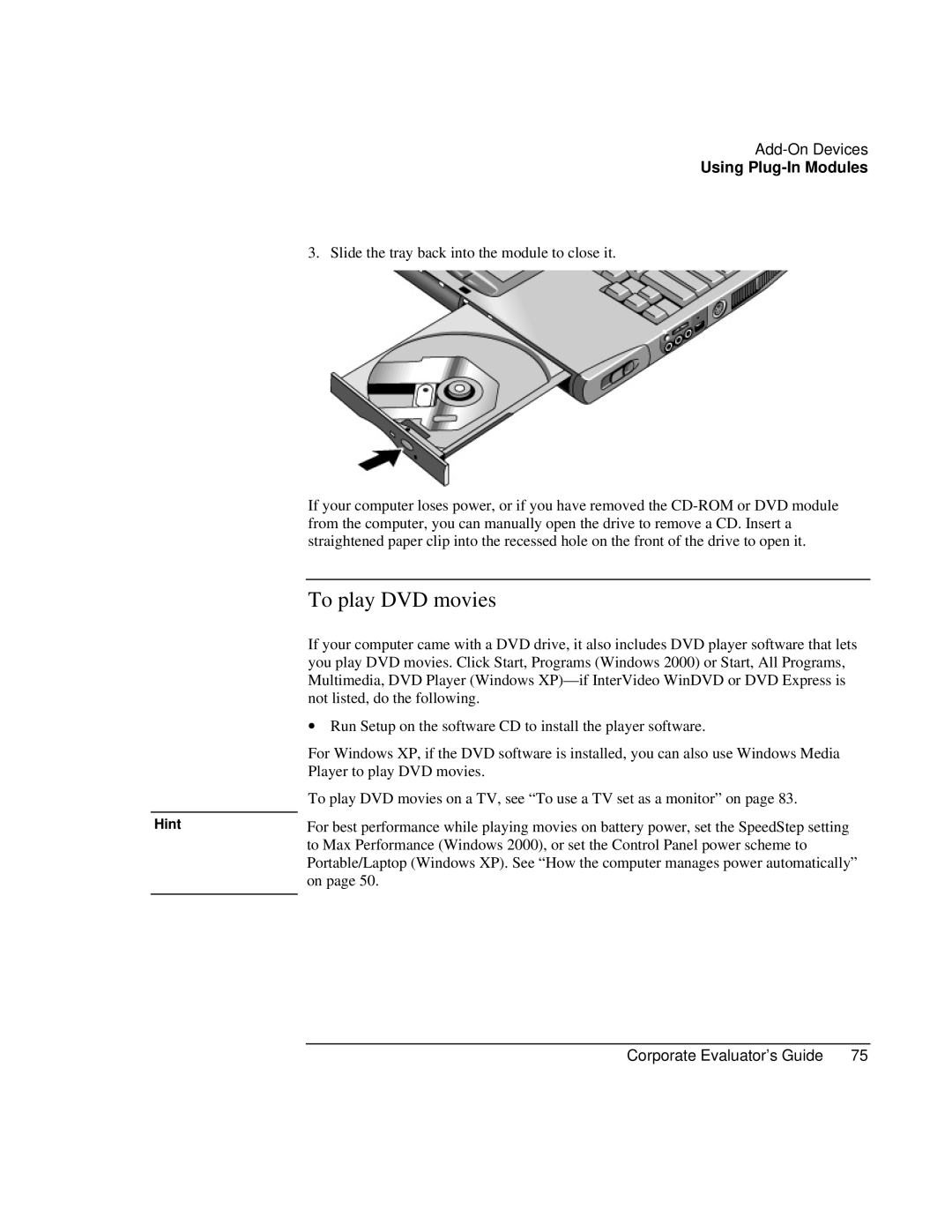 HP Book vt6200 manual To play DVD movies, Hint 