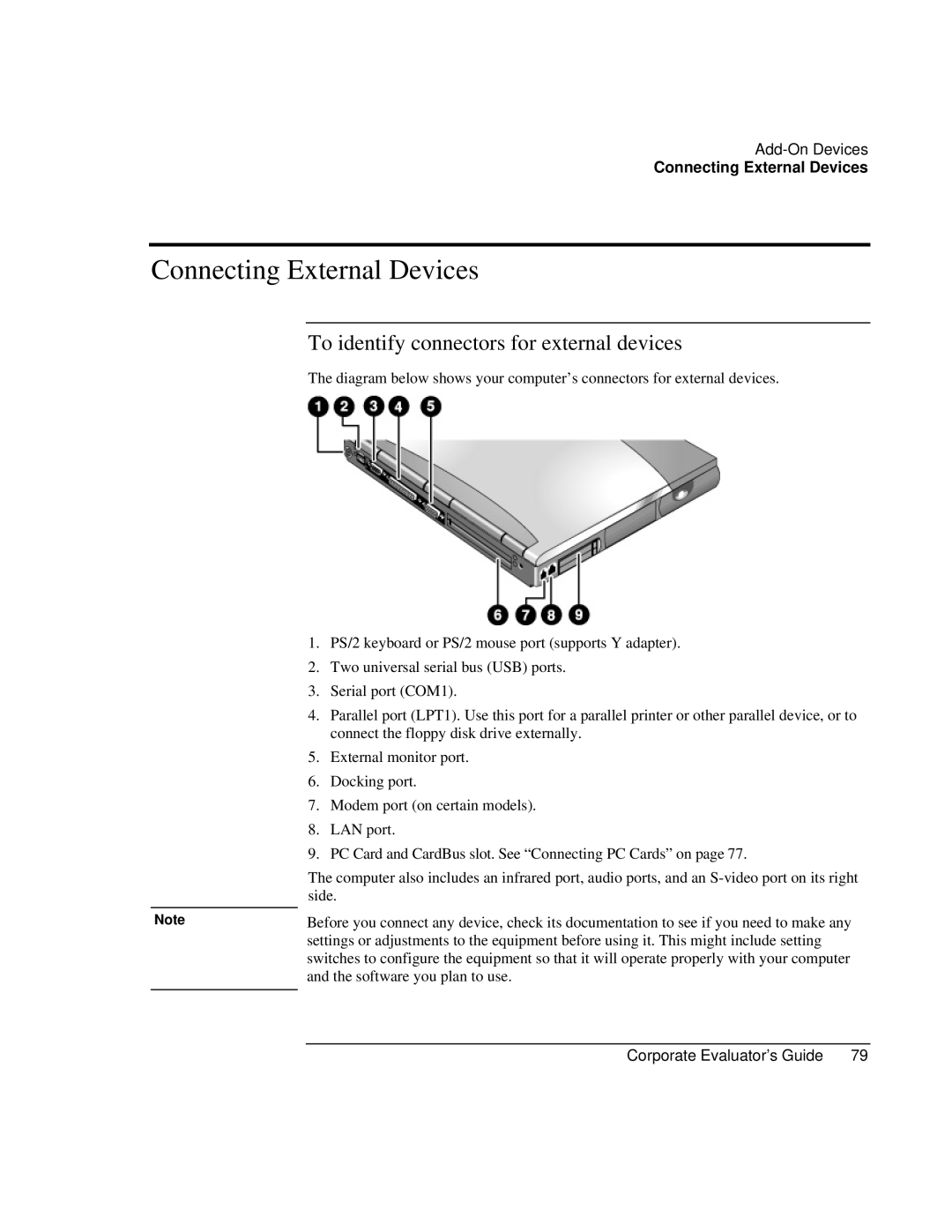 HP Book vt6200 manual Connecting External Devices, To identify connectors for external devices 