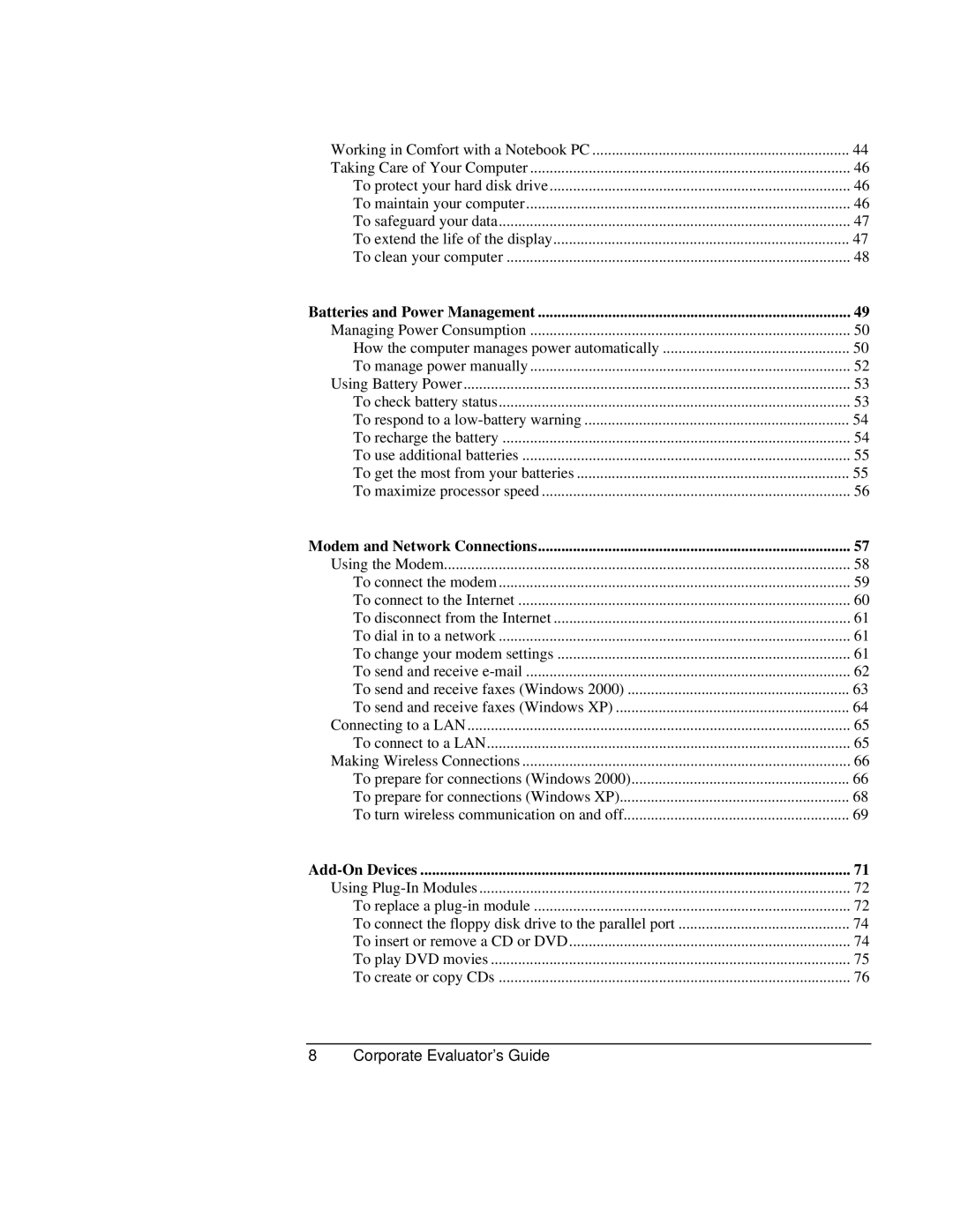 HP Book vt6200 manual Batteries and Power Management, Modem and Network Connections, Add-On Devices 