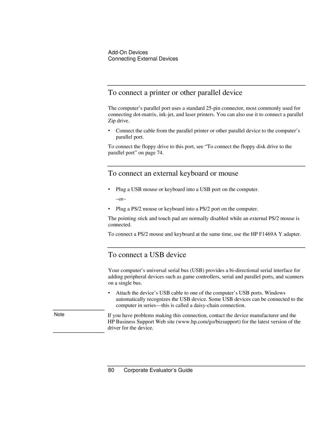 HP Book vt6200 manual To connect a printer or other parallel device, To connect an external keyboard or mouse 