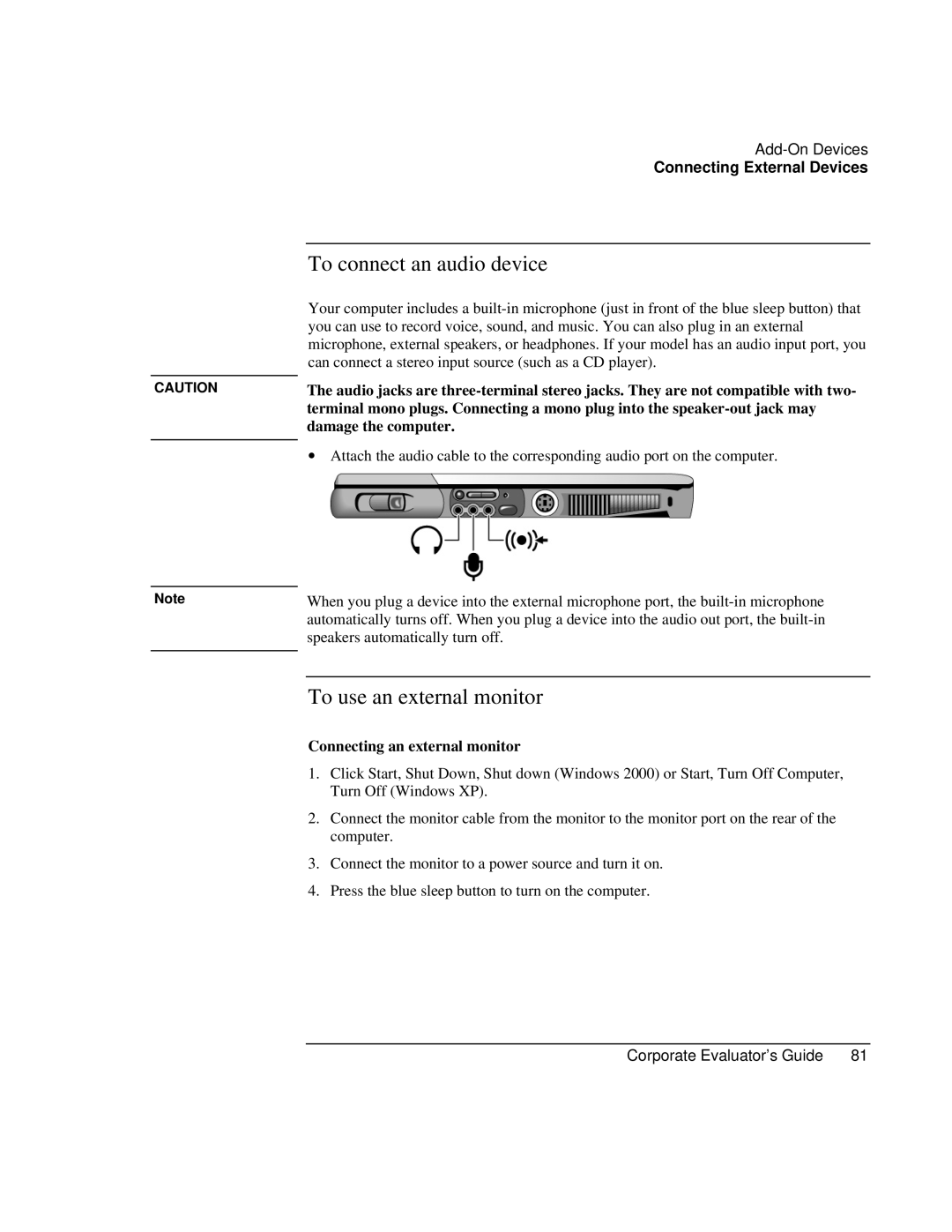 HP Book vt6200 manual To connect an audio device, To use an external monitor, Connecting an external monitor 