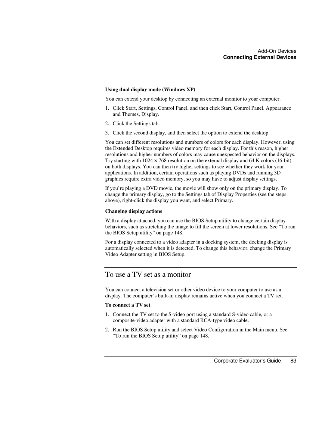 HP Book vt6200 manual To use a TV set as a monitor, Using dual display mode Windows XP, Changing display actions 