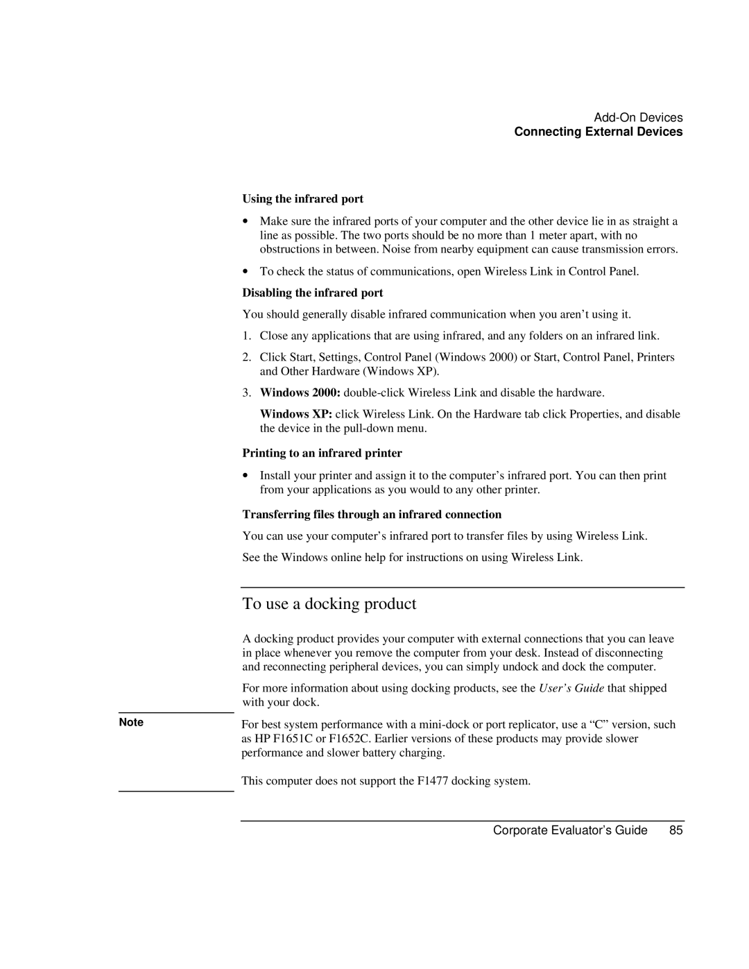 HP Book vt6200 manual To use a docking product, Using the infrared port, Disabling the infrared port 