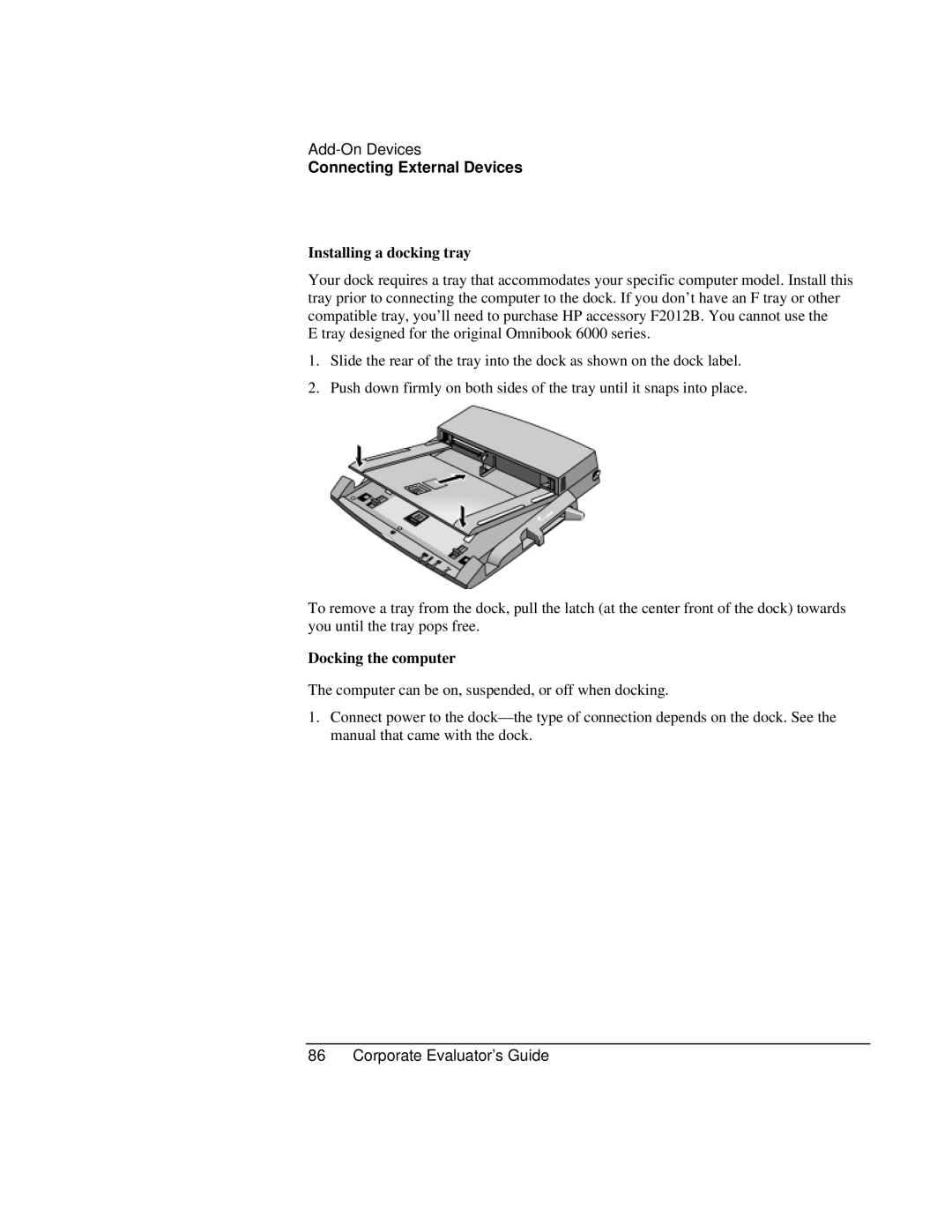 HP Book vt6200 manual Installing a docking tray, Docking the computer 