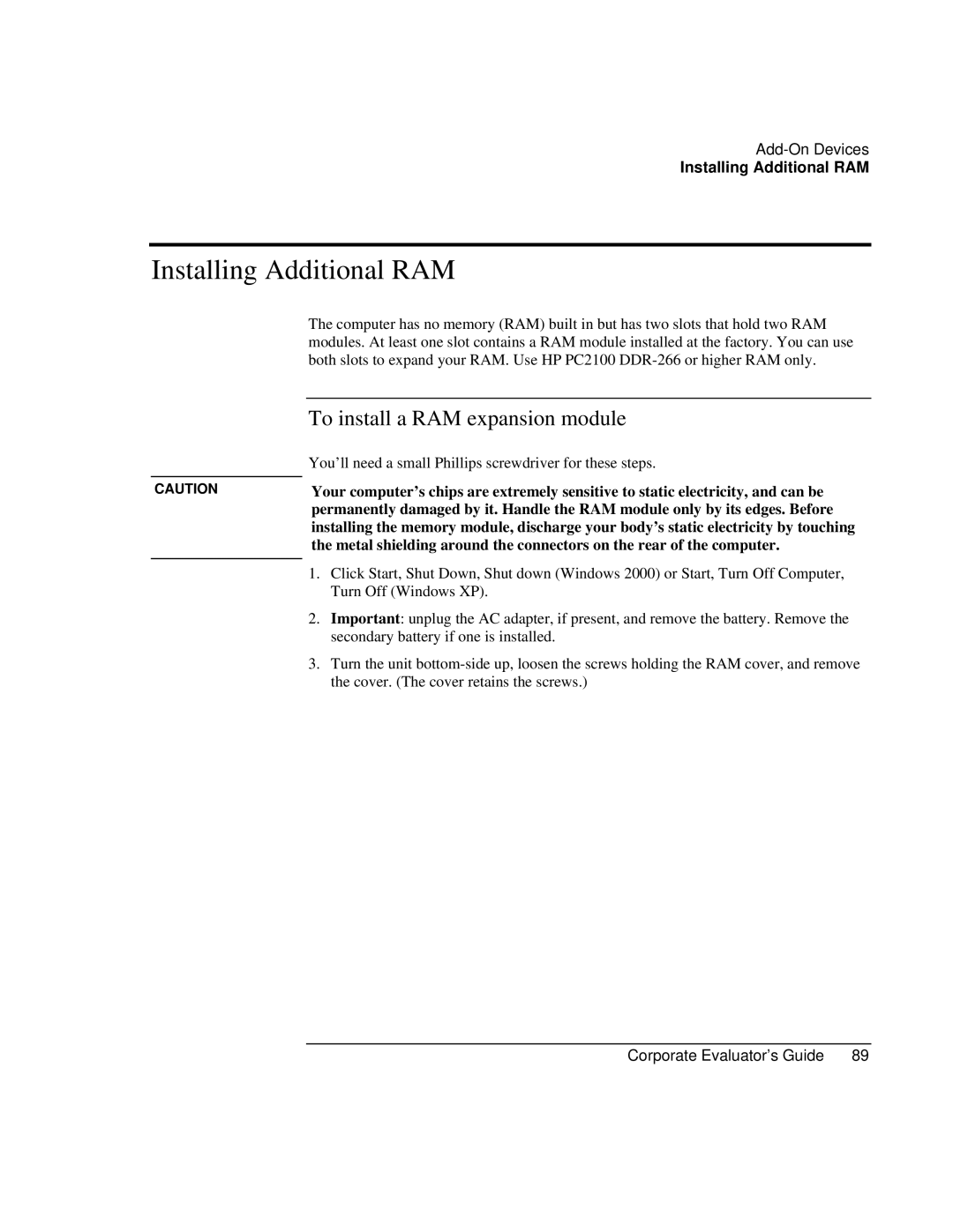 HP Book vt6200 manual Installing Additional RAM, To install a RAM expansion module 