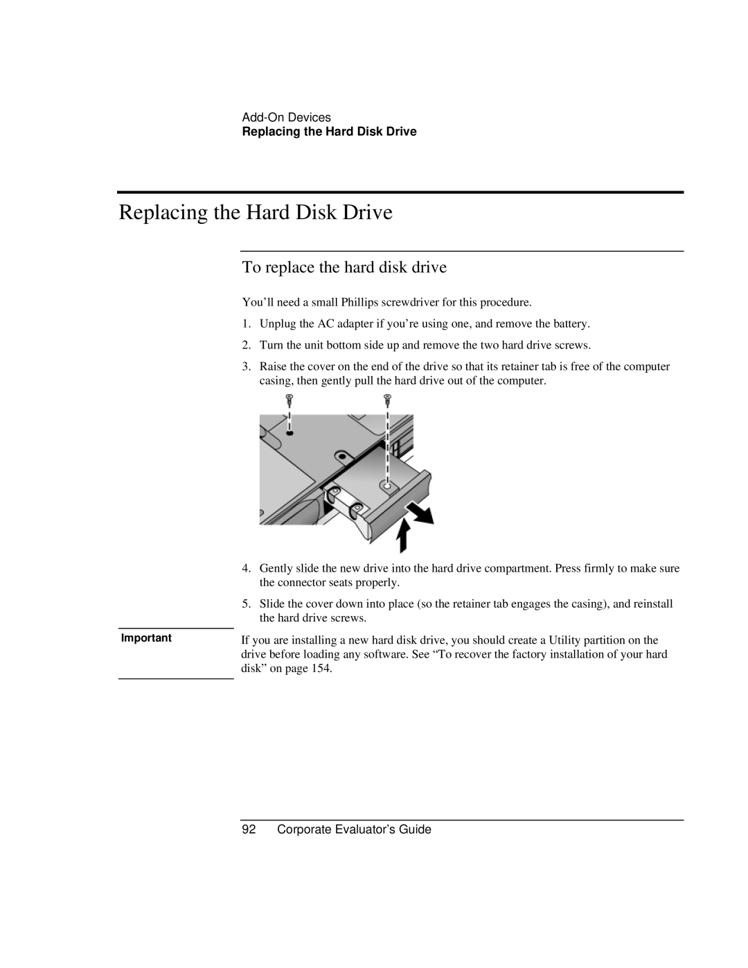 HP Book vt6200 manual Replacing the Hard Disk Drive, To replace the hard disk drive 