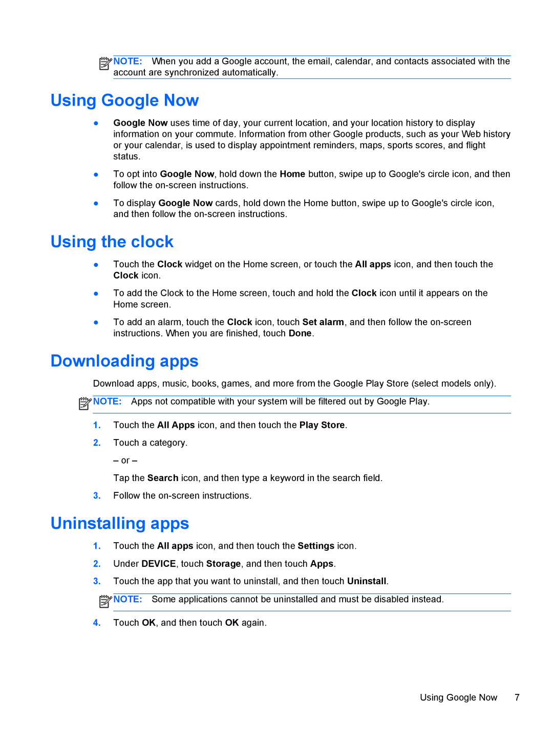 HP Book x2 E4A99UA#ABA manual Using Google Now, Using the clock, Downloading apps, Uninstalling apps 