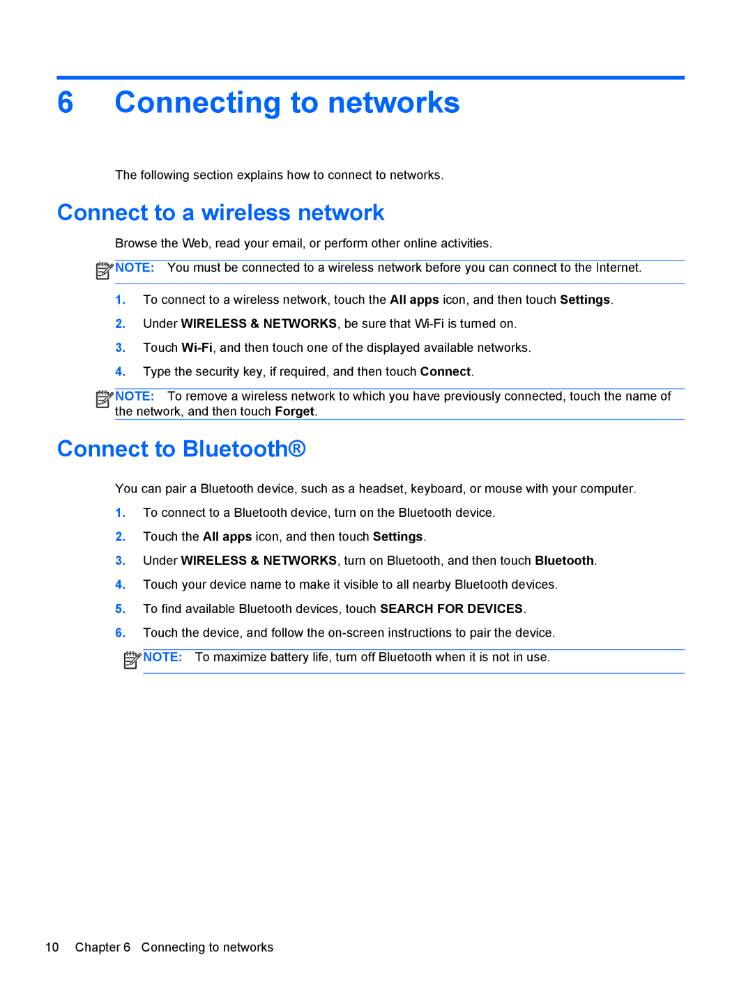 HP Book x2 E4A99UA#ABA manual Connecting to networks, Connect to a wireless network, Connect to Bluetooth 