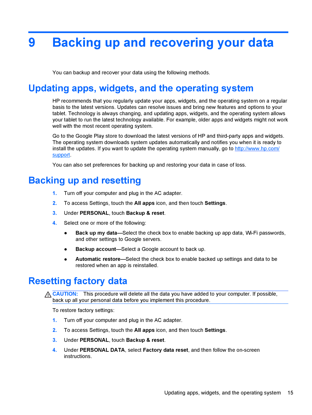 HP Book x2 E4A99UA#ABA manual Backing up and recovering your data, Updating apps, widgets, and the operating system 
