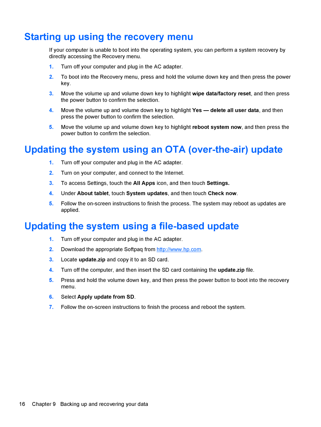 HP Book x2 E4A99UA#ABA manual Starting up using the recovery menu, Updating the system using an OTA over-the-air update 