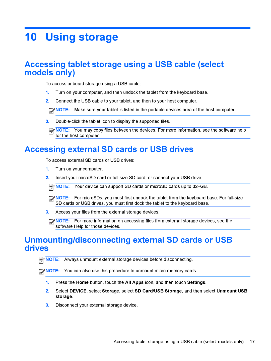 HP Book x2 E4A99UA#ABA manual Using storage, Accessing external SD cards or USB drives 