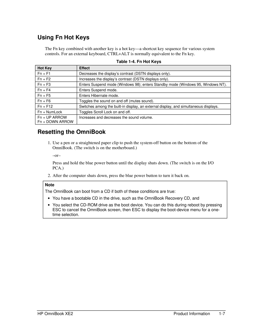 HP book XE2 manual Using Fn Hot Keys, Resetting the OmniBook, Effect 