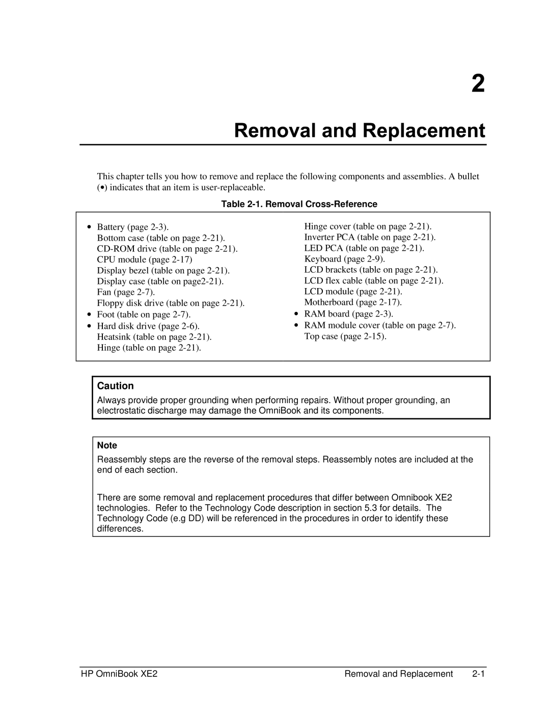 HP book XE2 manual Removal Cross-Reference 