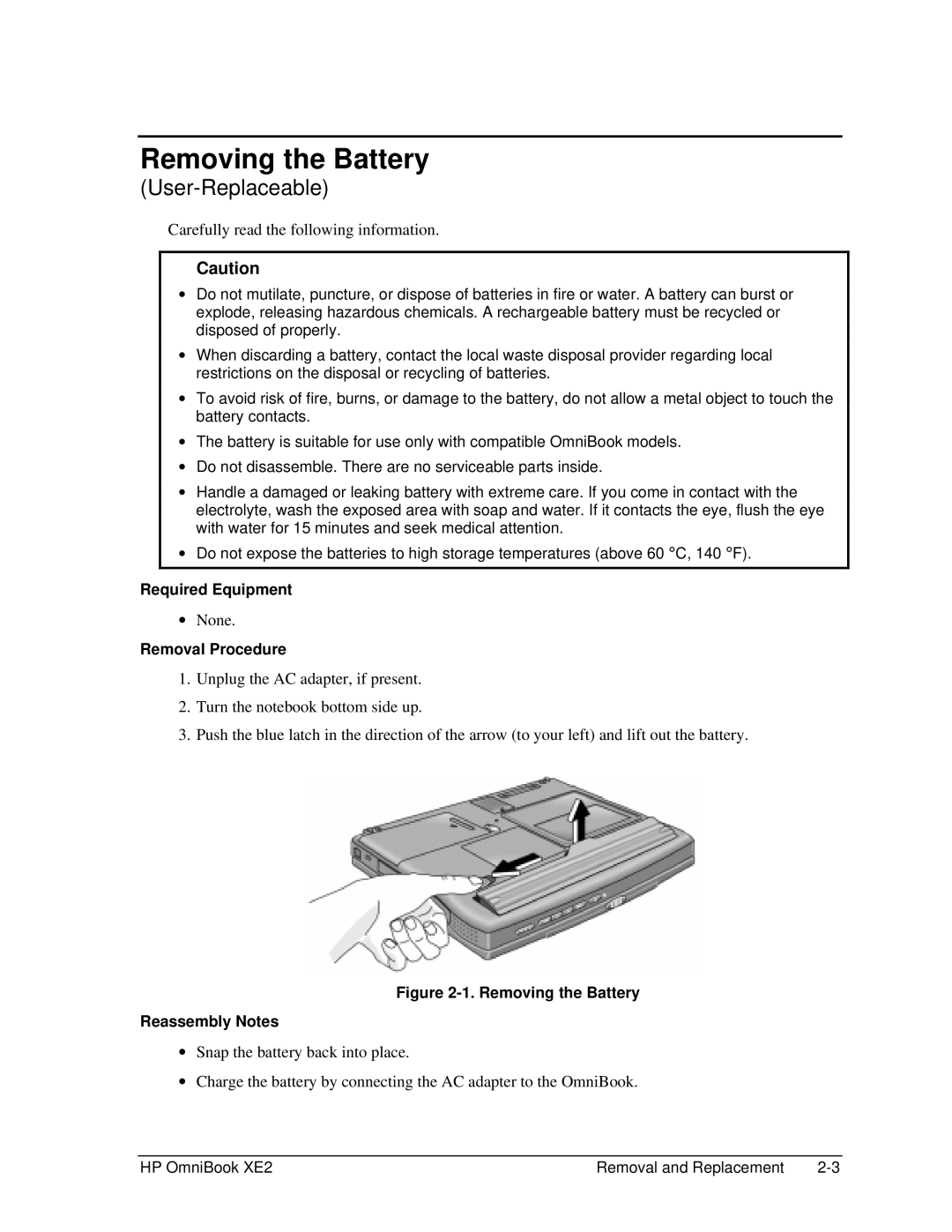 HP book XE2 manual Removing the Battery, Required Equipment, Removal Procedure 