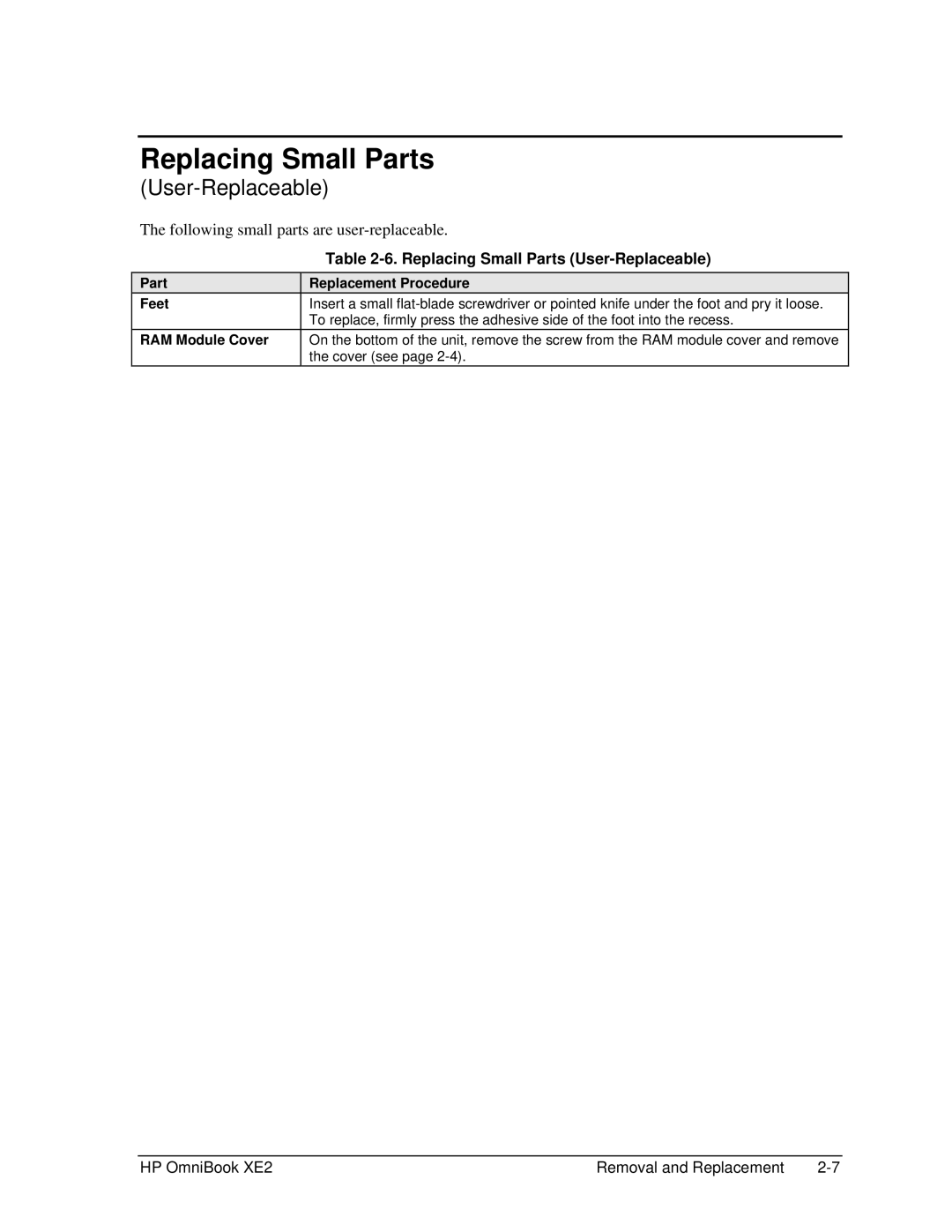 HP book XE2 manual Replacing Small Parts User-Replaceable, Part Feet RAM Module Cover, Replacement Procedure 