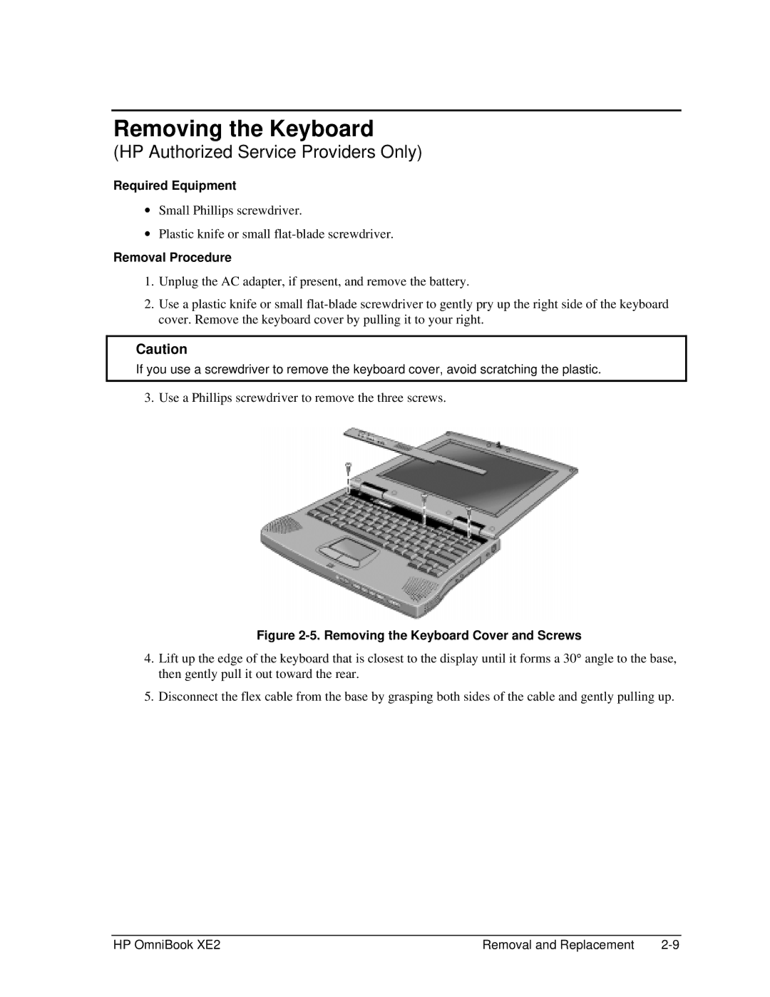 HP book XE2 manual Removing the Keyboard Cover and Screws 