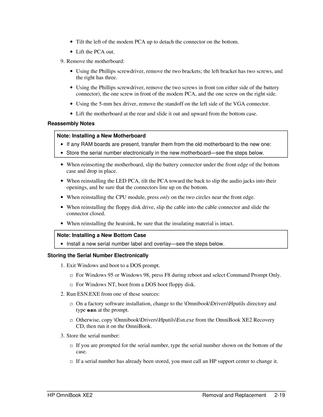 HP book XE2 manual Reassembly Notes, Storing the Serial Number Electronically 