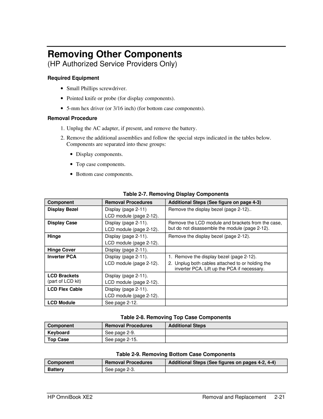 HP book XE2 manual Removing Other Components, Removing Display Components, Removing Top Case Components 
