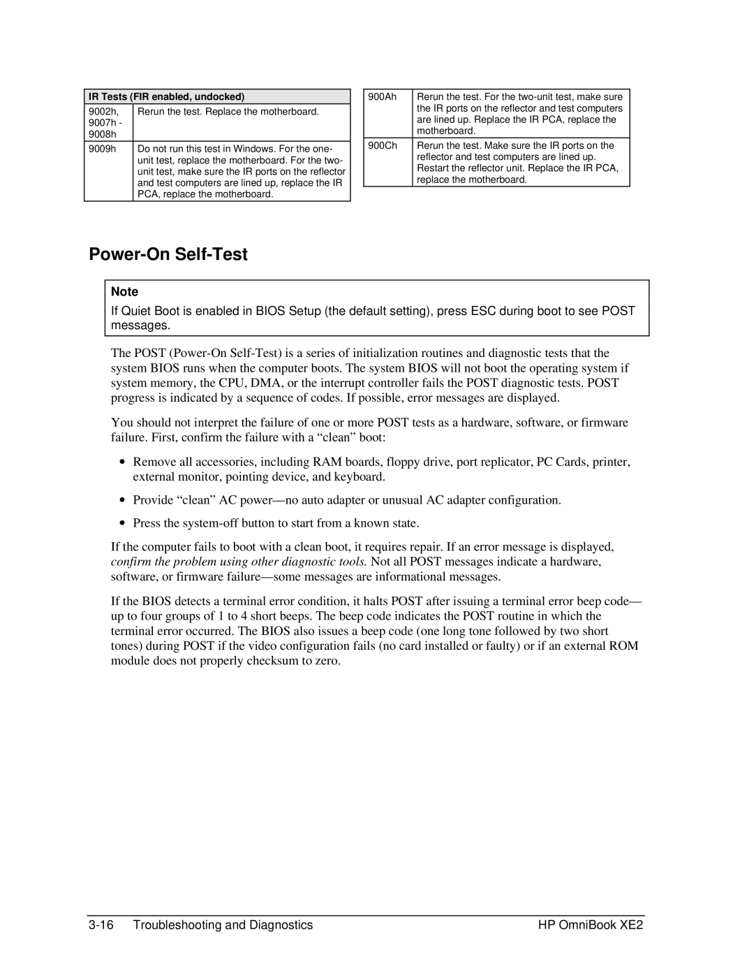 HP book XE2 manual Power-On Self-Test, IR Tests FIR enabled, undocked 