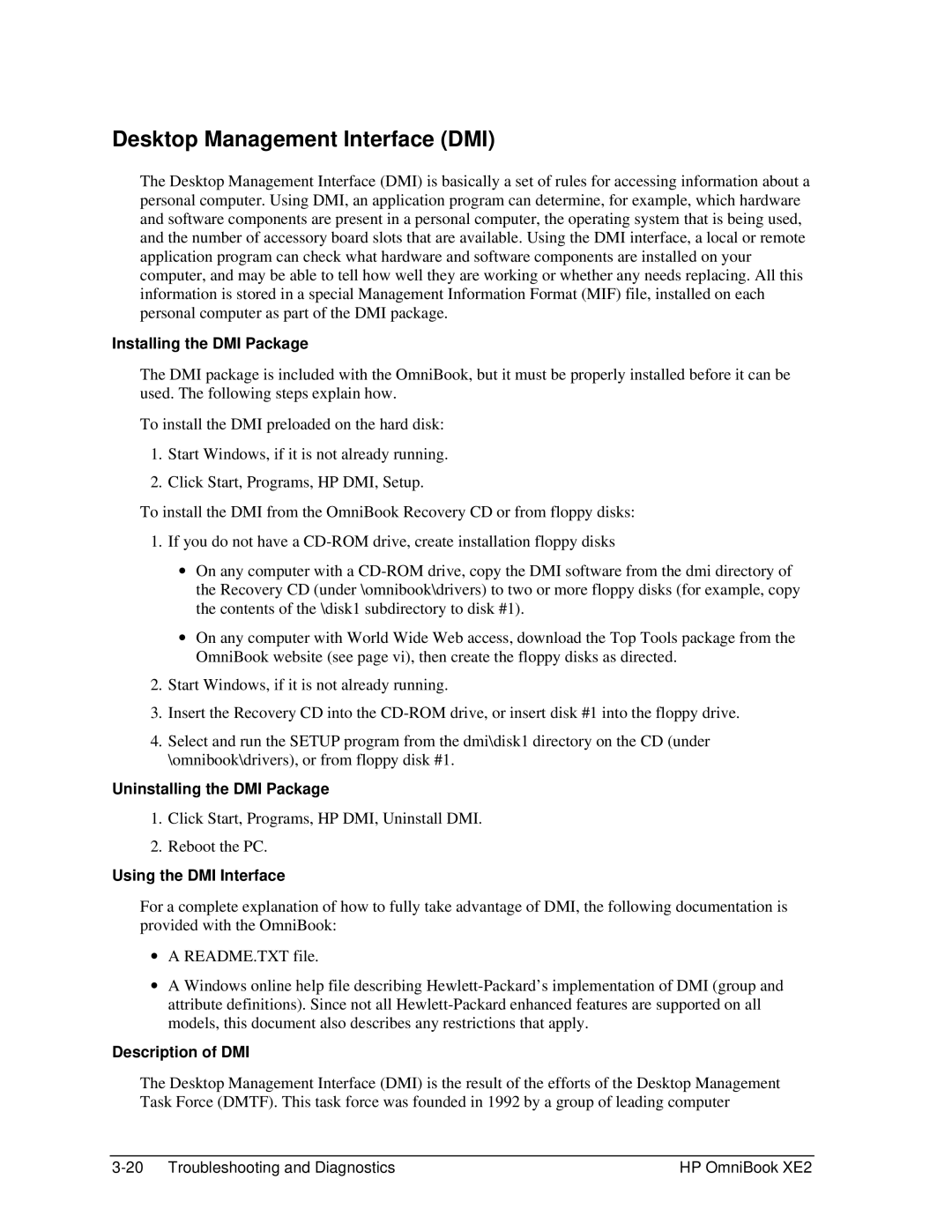 HP book XE2 Desktop Management Interface DMI, Installing the DMI Package, Uninstalling the DMI Package, Description of DMI 