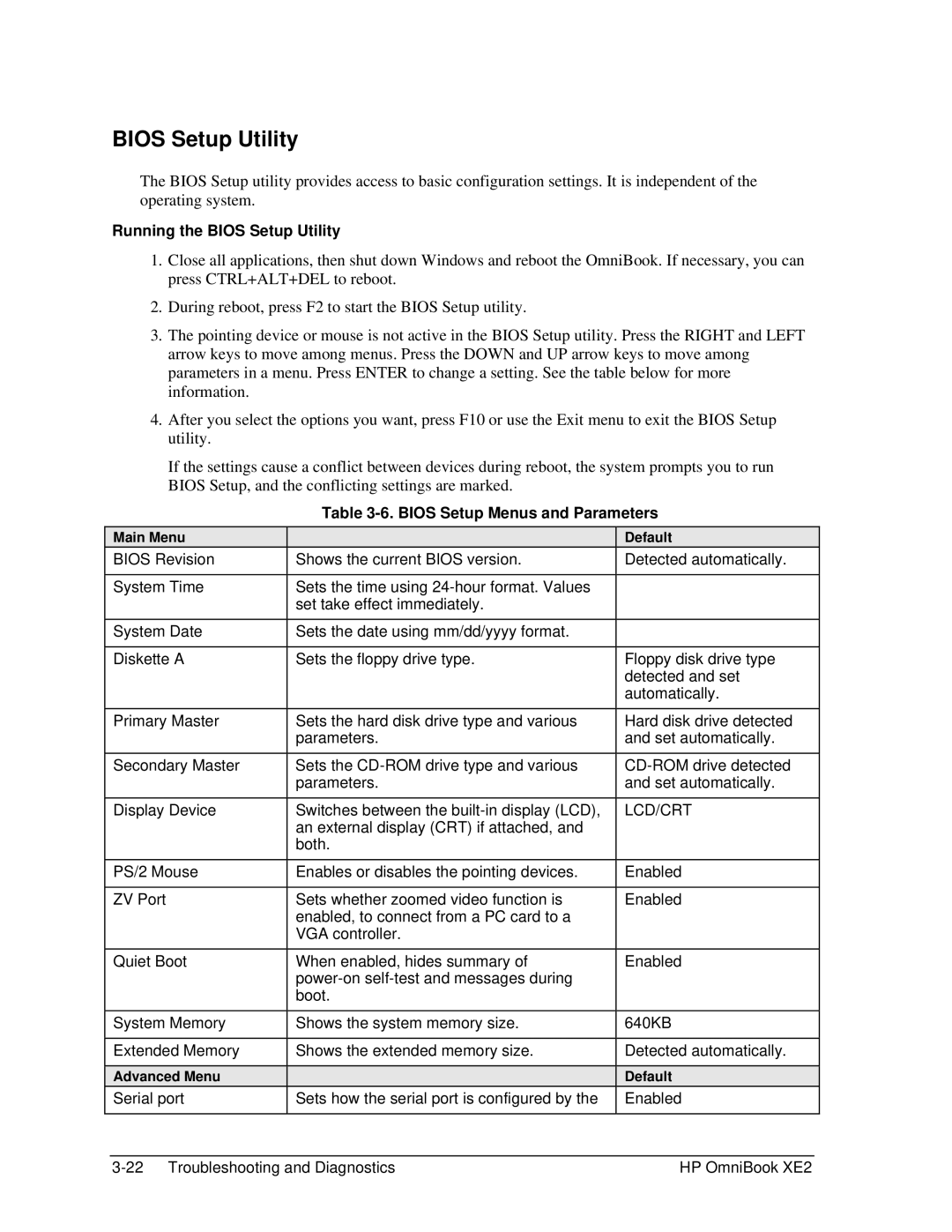 HP book XE2 manual Running the Bios Setup Utility, Bios Setup Menus and Parameters 