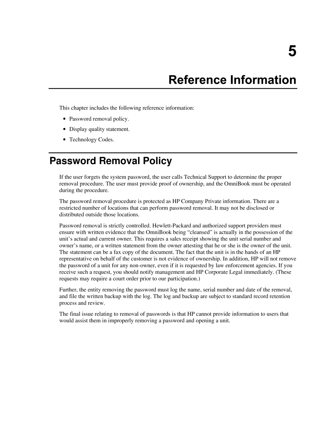 HP book XE2 manual Password Removal Policy 