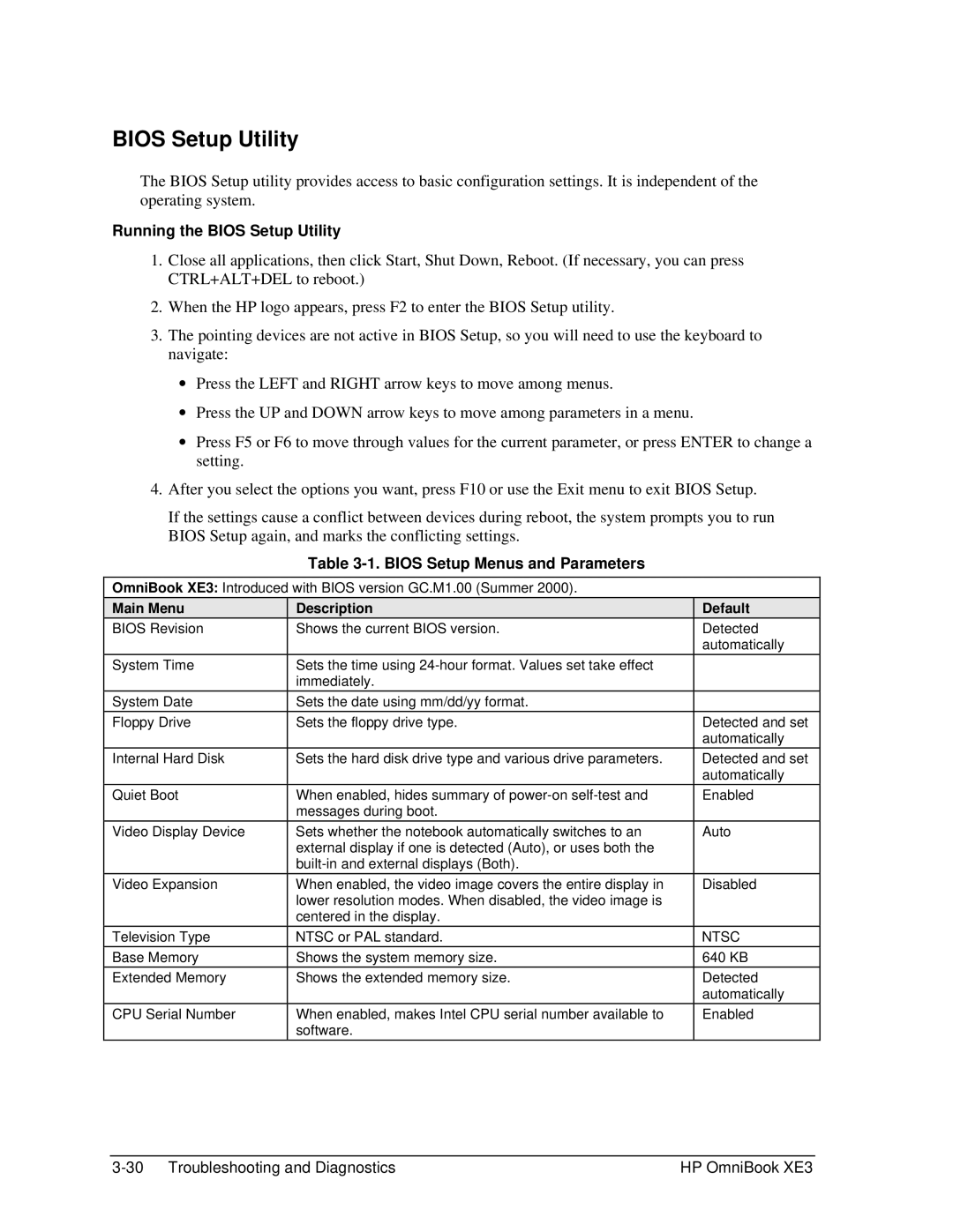 HP BOOK XE3 manual Running the Bios Setup Utility, Bios Setup Menus and Parameters, Main Menu Description, Default 