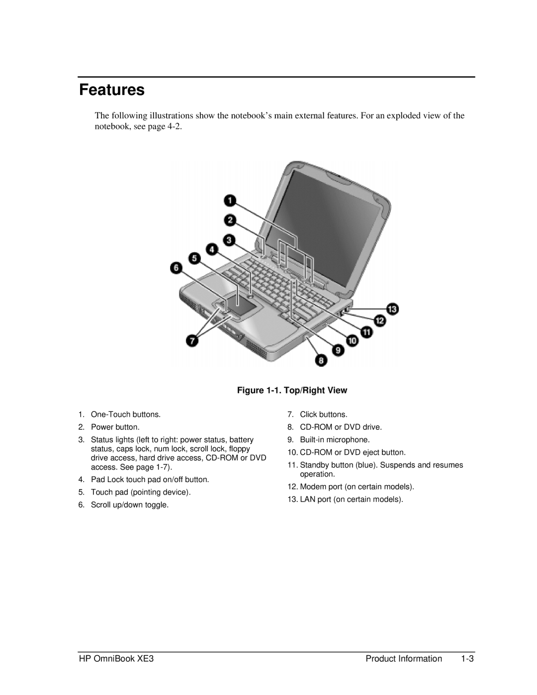 HP BOOK XE3 manual Features, Top/Right View 