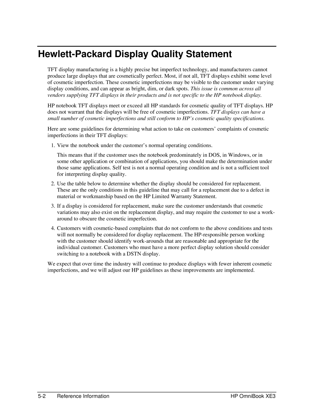 HP BOOK XE3 manual Hewlett-Packard Display Quality Statement 